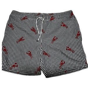 J. McLaughlin Mens Lobster Gingham Swim Trunks Black White Red Large